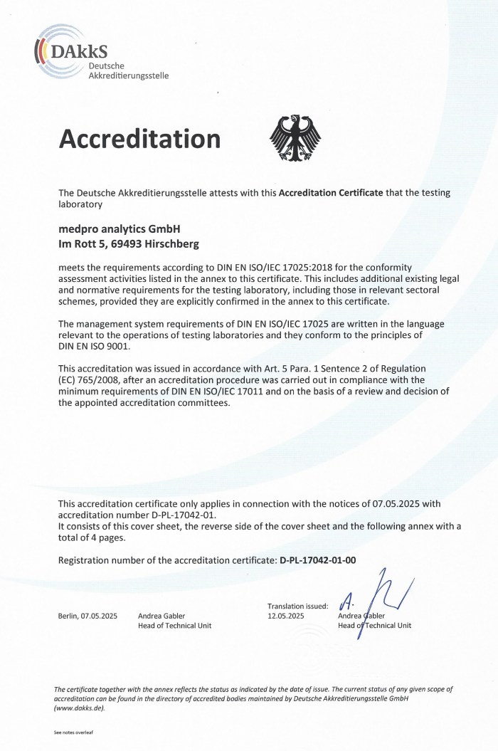 Accreditation Certificate D-PL-17042-01-00 - medpro analytics